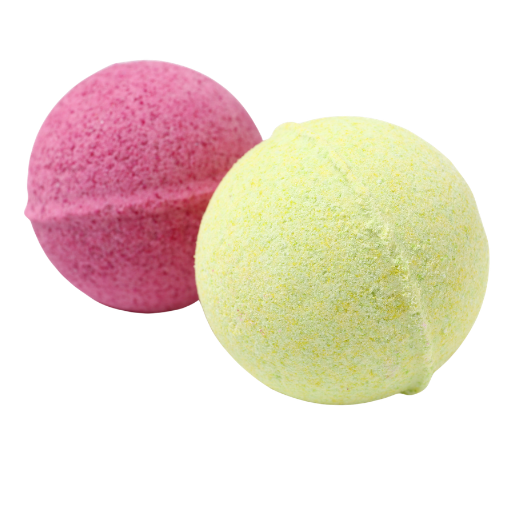 Natuurlijke badbruisballen in roze en gele kleur.