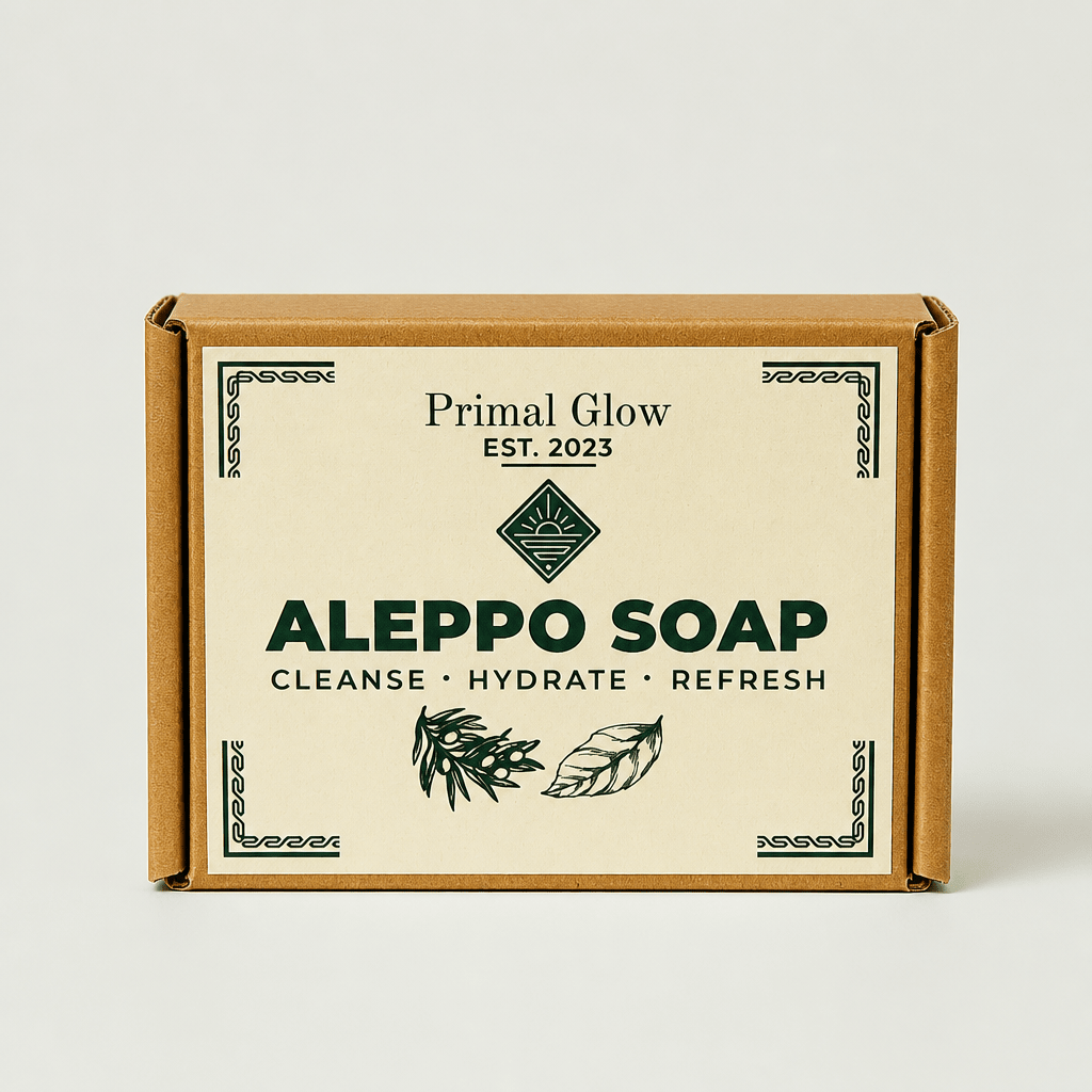 Primal Glow Aleppo zeep met 40% laurierolie in kartonnen verpakking.