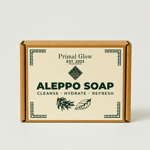 Primal Glow Aleppo zeep met 40% laurierolie in kartonnen verpakking.