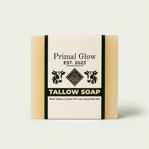Primal Glow beef tallow zeep als stuk zeep voor natuurlijke huidreiniging.