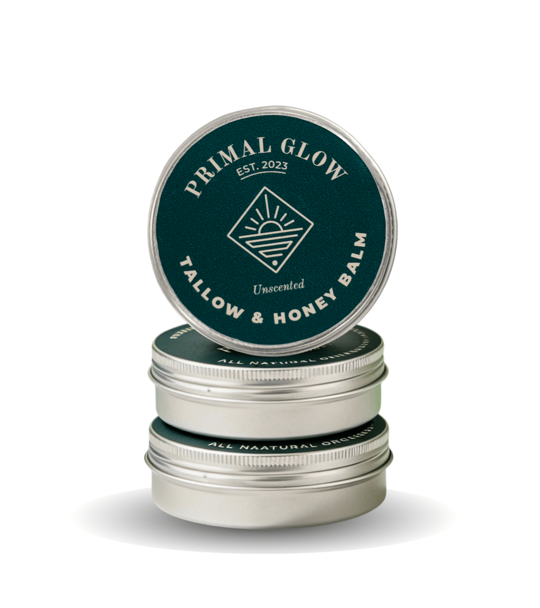 Primal Glow tallow en honing hydraterende balsem van 15 ml in glazen pot met zichtbaar merklogo.