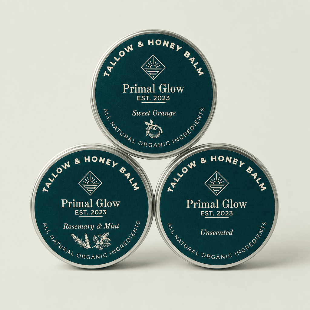 Drie potjes Primal Glow tallow en honing hydraterende balsem van 30 ml.
