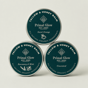 Drie potjes Primal Glow tallow en honing hydraterende balsem van 30 ml.
