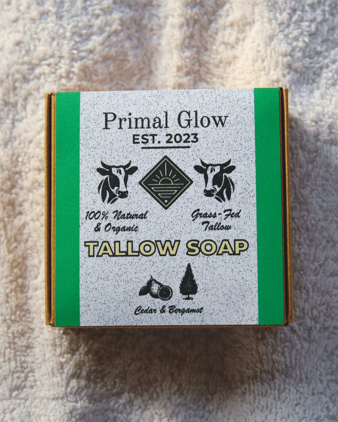 Primal Glow tallow zeep in verpakking.